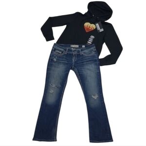 BKE Sabrina Jean Boot Cut Embellished Distressed Worn Low Waist Rise Dark Washed